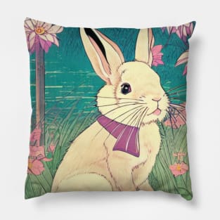 Flowers of Lotus with Cute Bunny Rabbit Vintage Cottagecore Animal Pet Pillow