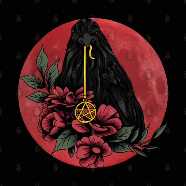 Black Crow With Flowers and Red Moon in a Mystical Landscape by Drawab Designs