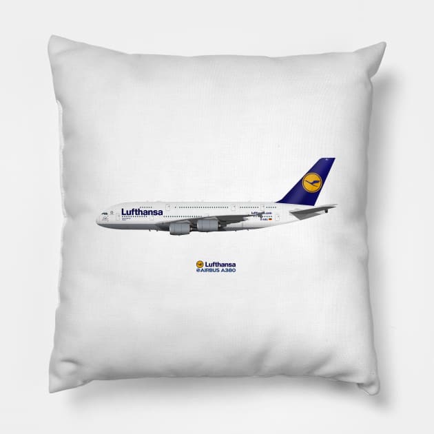 Illustration of Lufthansa Airbus A380 Pillow by SteveHClark