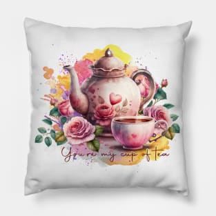 Watercolor Tea Pot And Cup With Flowers Pillow