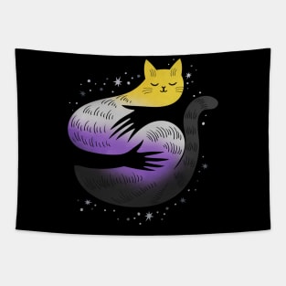 Nonbinary Cat Hug LGBT Pride Flag Tapestry