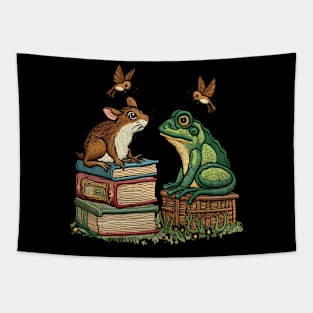 Whimsical Pond Harmony: Vintage Frog and Mouse Embroidery Tapestry