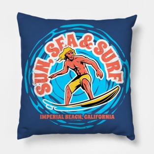 Vintage Sun, Sea & Surf Imperial Beach, California // Retro Surfing // Surfer Catching Waves Pillow