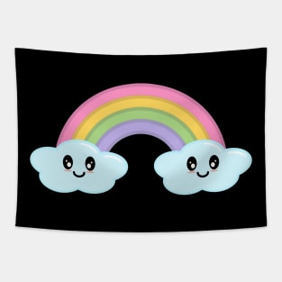 Kawaii Cute Happy Rainbow and Clouds in Black Tapestry