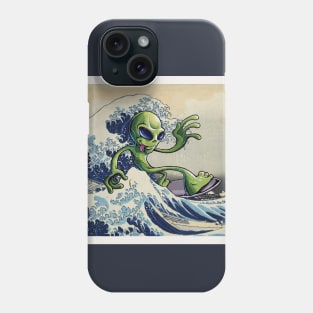 Alien surfing the Great Wave Off Kanagawa. Martian surfer. Phone Case