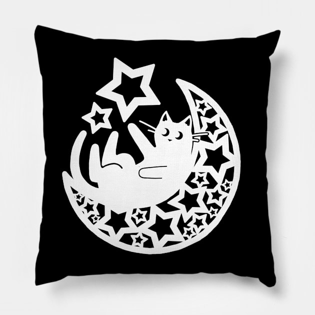 Starry Lunar Cat in the Moon - White Ink Pillow by NonDecafArt