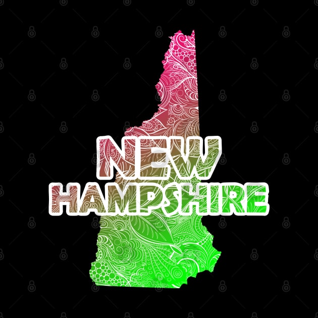 Colorful mandala art map of New Hampshire with text in pink and green by Happy Citizen