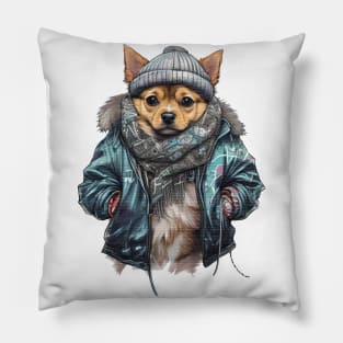 Chihuahua dog wearing a leather jacket and hat Pillow