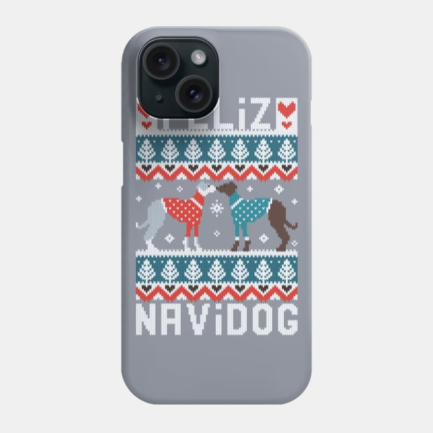 Feliz Navidog witty wordplay fair isle greyhounds // spot // grey background cute dogs dressed with teal and red knitted Christmas ugly sweaters pixel art Phone Case by SelmaCardoso