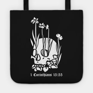 Skull with flowers 1 Corinthians 15:55 Tote