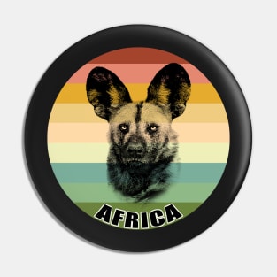 African Wild Dog Close-up on Vintage Retro Africa Sunset Pin