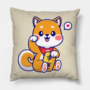 Cute Lucky Shiba Inu Holding Gold Coin Cartoon Pillow