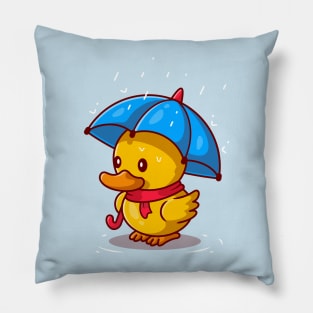 Cute Duck With Umbrella In the Rain Cartoon Pillow