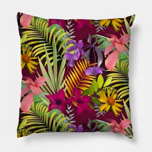 Elegant tropical flowers and leaves pattern floral illustration, red tropical pattern over a Pillow