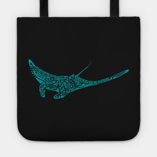 Turquoise manta ray tattoo style black background Tote