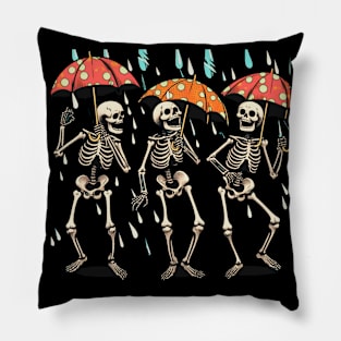 Laughing skeletons outside in the rain. Pillow