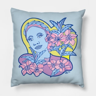 Blue Girl With Pastel Blossoms on a Yellow Sky Pillow