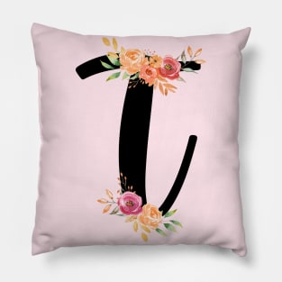 Letter T With Watercolor Floral Wreath Pillow