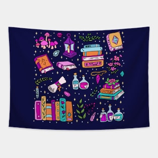 Cute fantasy books and fantasy items illustration for fantasy readers Tapestry