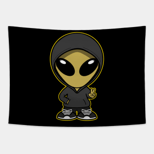Hooded Space Alien Peace Hand Sign Yellow Tapestry