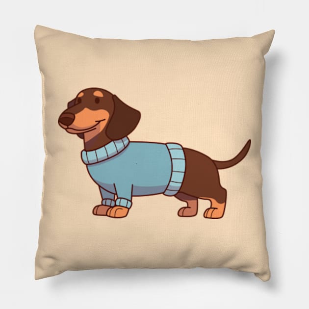 Black & tan dachshund wearing a blue sweater Pillow by Vaigerika