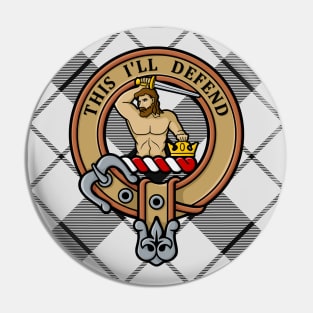 Clan MacFarlane Crest over Black and White Tartan Pin