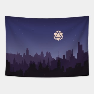 Midnight Starry Night D20 Dice Over City Tabletop RPG Cityscape Tapestry