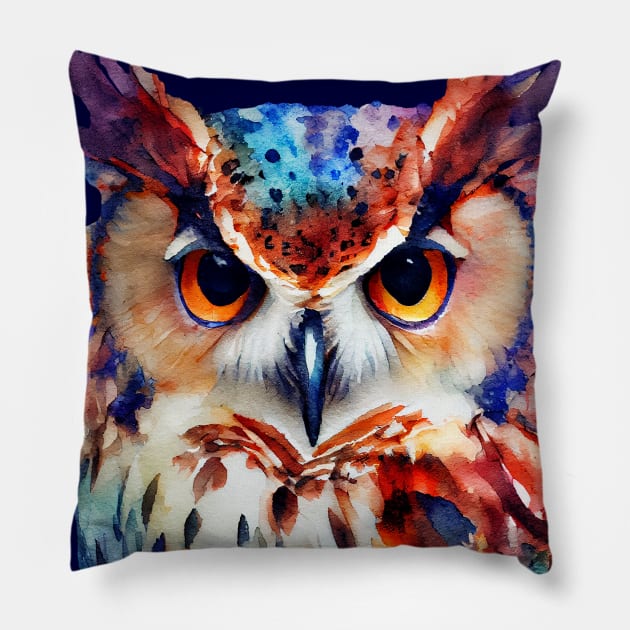 Watercolor Colorful Owl Portrait Pillow by KOTOdesign