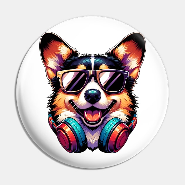 Pembroke Welsh Corgi as Smiling DJ with Headphones and Sunglasses Pin by ArtRUs