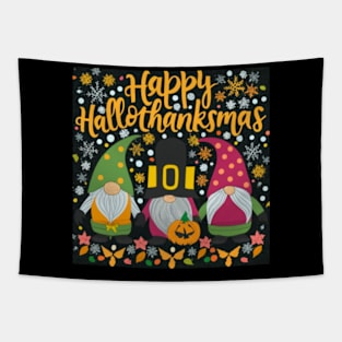 Happy Hallothanksmas 3 Gnomes Halloween Thanksgiving Christmas Tapestry