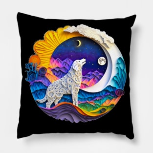 Great Pyrenees Dog Nature Crescent Moon Stars Mountains Art Digital Painting Pillow