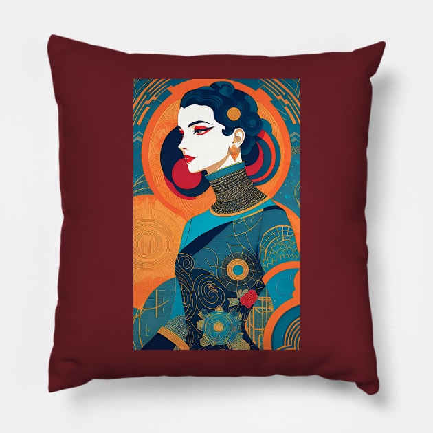 Art Deco Woman White Face with Circles Pillow by ArtBeatsGallery