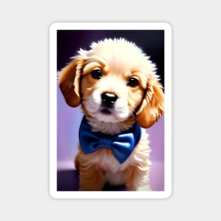 Adorable Fluffy Puppy with Cute Blue Bowtie Pet Portrait Magnet