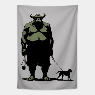 Tiny Takes Spike for a Walk Cute Ogre Tapestry