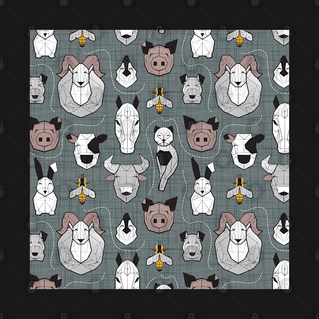 Friendly Geometric Farm Animals // pattern // green grey linen texture background black and white brown grey and yellow animals by SelmaCardoso