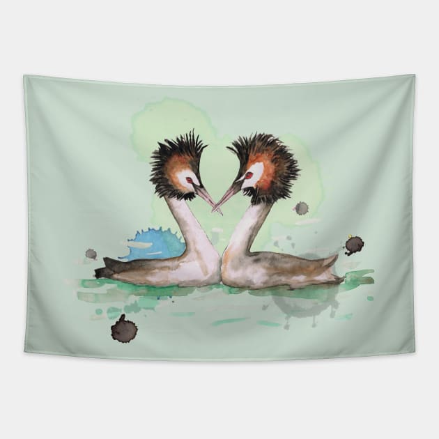 Two great crested grebes Tapestry by Bwiselizzy