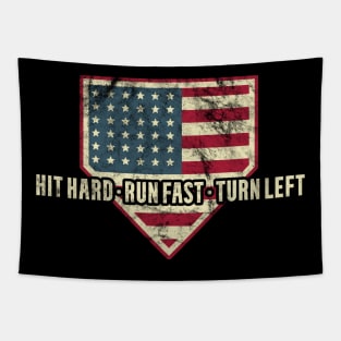 Hit Hard Run Fast Turn Left American Flag Baseball Design Tapestry