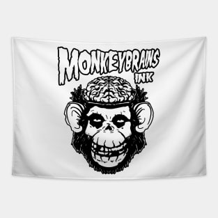 MonkeyBrainsINK fiend skull and logo on white! Tapestry