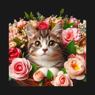 Blossoming Friendship: A Funny and Cute Cat Amongst Beautiful Flowers T-Shirt