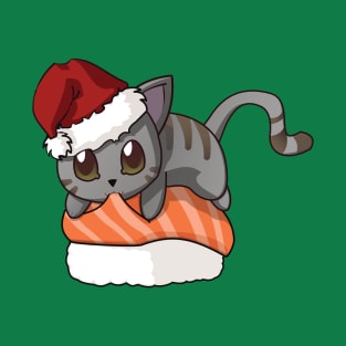 Grey Cat Salmon Sushi Christmas T-Shirt