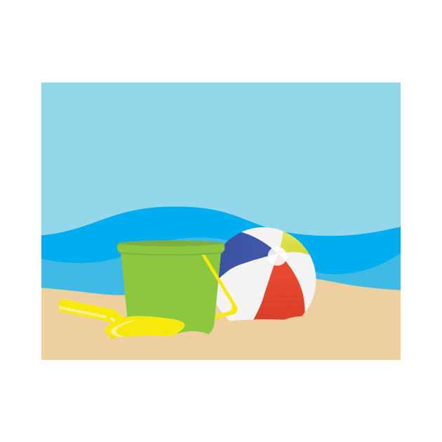 Green toy bucket, Yellow shavel and beach ball on Brown sand and Blue sea background by sigdesign