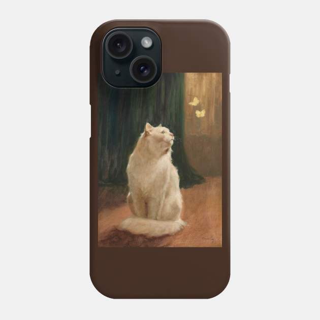 Painting of a white cat looking at butterflies Phone Case by mike11209