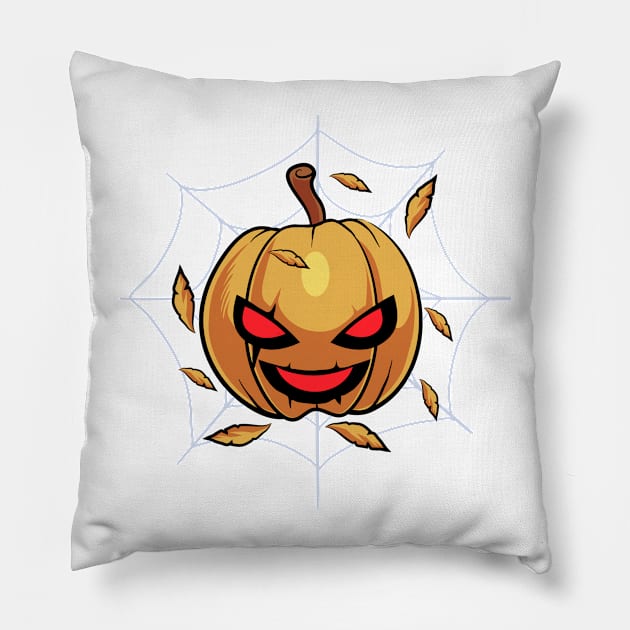 Pumpkin on spider web Pillow by DionArts