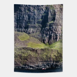 Fishing boat under high cliffs at Neist Point, Isle of Skye, Scotland Tapestry