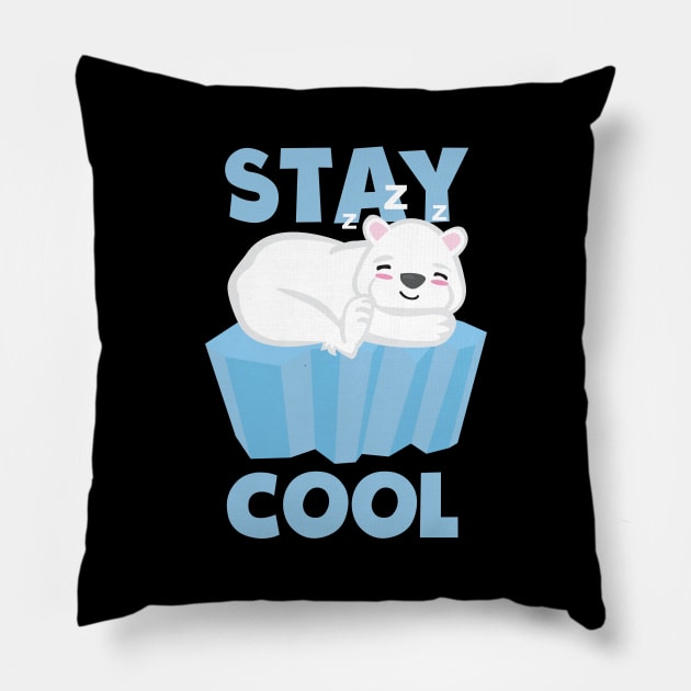 Stay Cool Polar Bear sleeping on an ice cube. Cute kawaii polar bear design Pillow by Uncle Fred Design