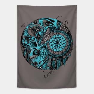 Blue Grey Skull and Dreamcatcher Circle Tapestry