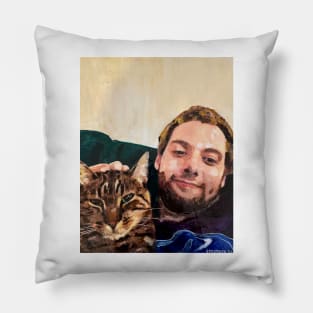 Young Man with his Feline Friend Pillow