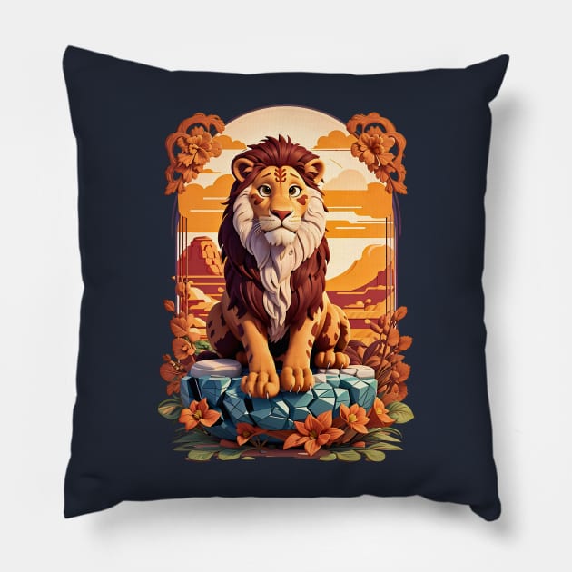 Lion sitting on a rock at sunset Disney 3D art floral design Pillow by Neon City Bazaar