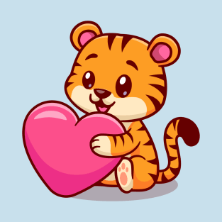 Cute Baby Tiger Holding Love Heart Cartoon T-Shirt