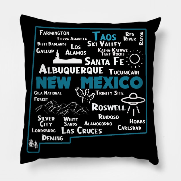 Cute map of Taos New Mexico Albuquerque Santa Fe Los Alamos, Roswell Las Cruces Deming Carlsbad Hobbs Silver City Pillow by BoogieCreates
